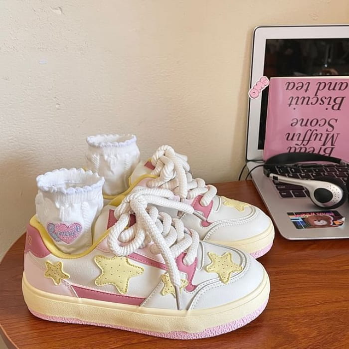 Star Pattern Platform Sneakers - Pink & Yellow White / 35