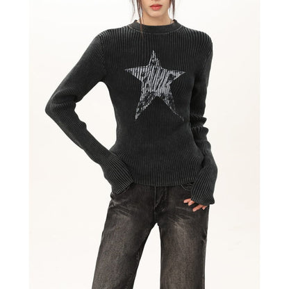 Star Print Ribbed Long Sleeve Top - Tops