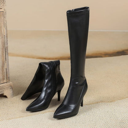 Stiletto Pointed Toe Plain Faux Leather Tall Boots