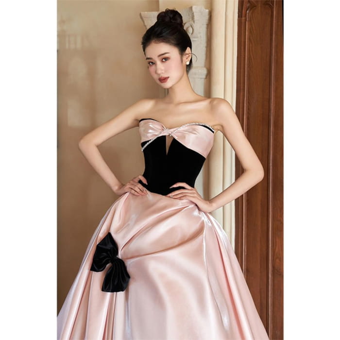 Strapless Bow Two Tone A-Line Evening Dress