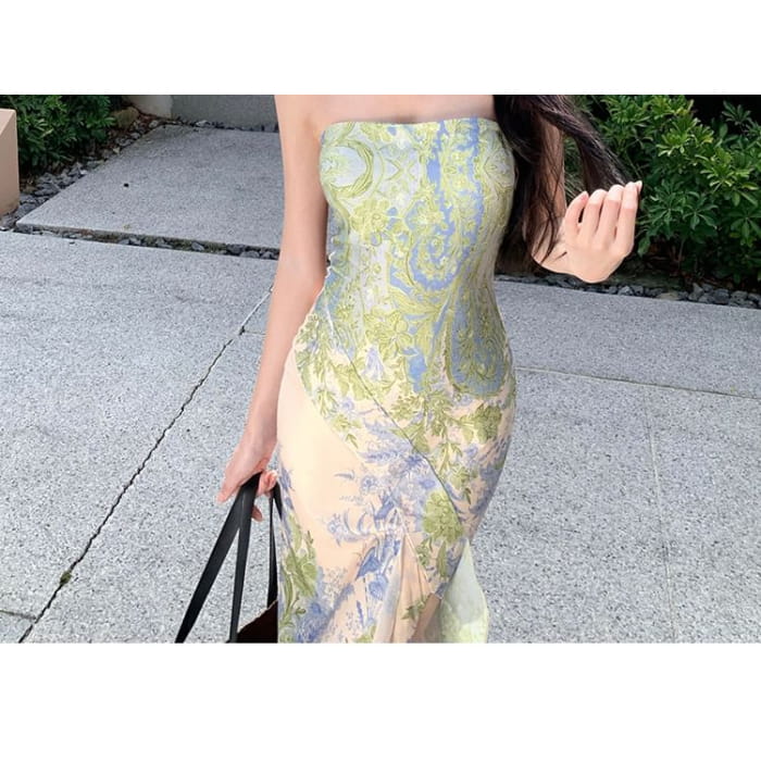 Strapless Floral Print Maxi Sheath Dress