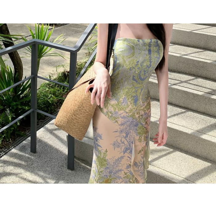 Strapless Floral Print Maxi Sheath Dress