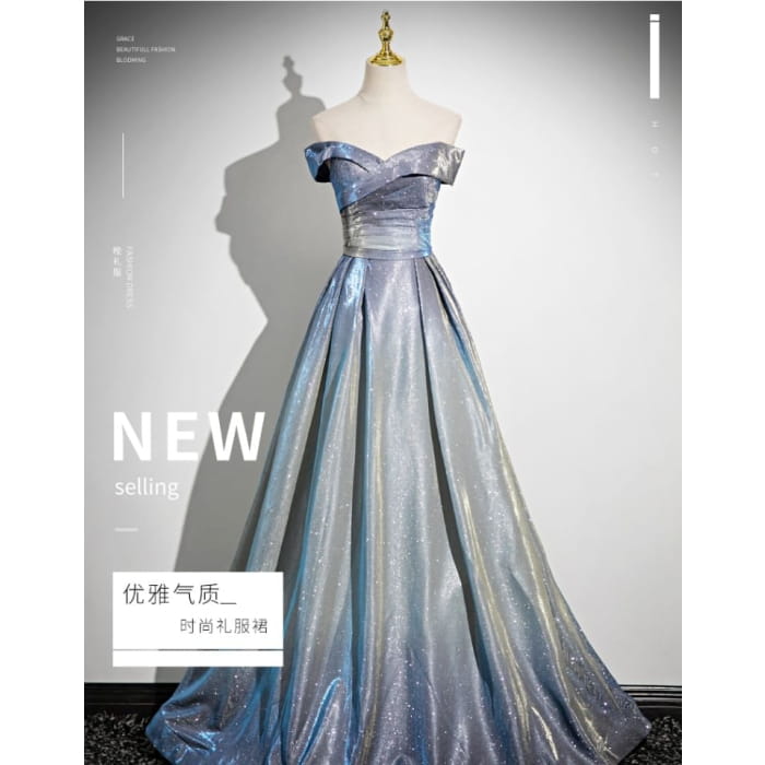 Strapless Glossy A-Line Evening Gown - Dress