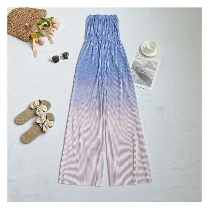 Strapless Gradient Ribbed Wide Leg Jumpsuit