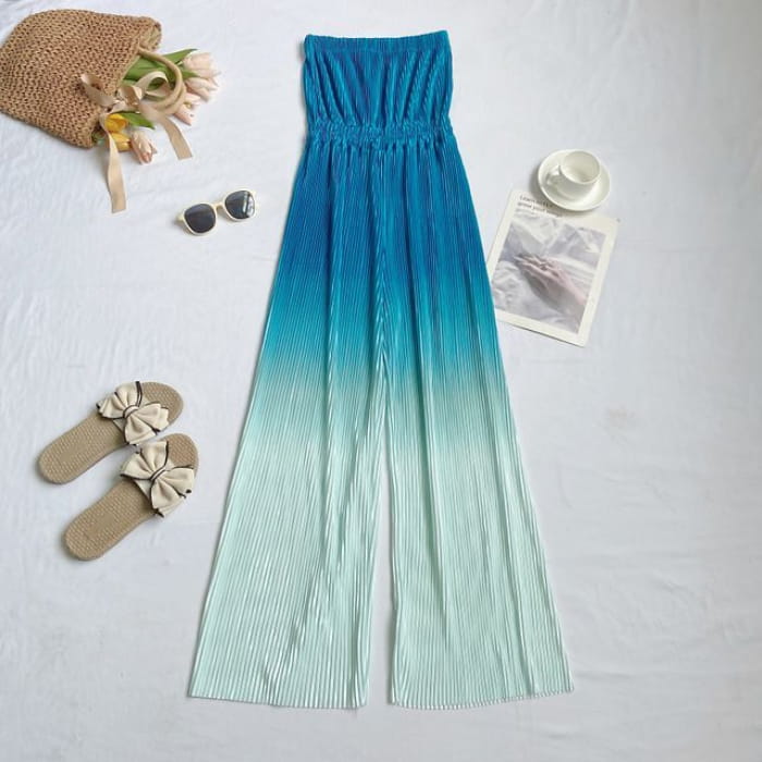 Strapless Gradient Ribbed Wide Leg Jumpsuit - Light Blue