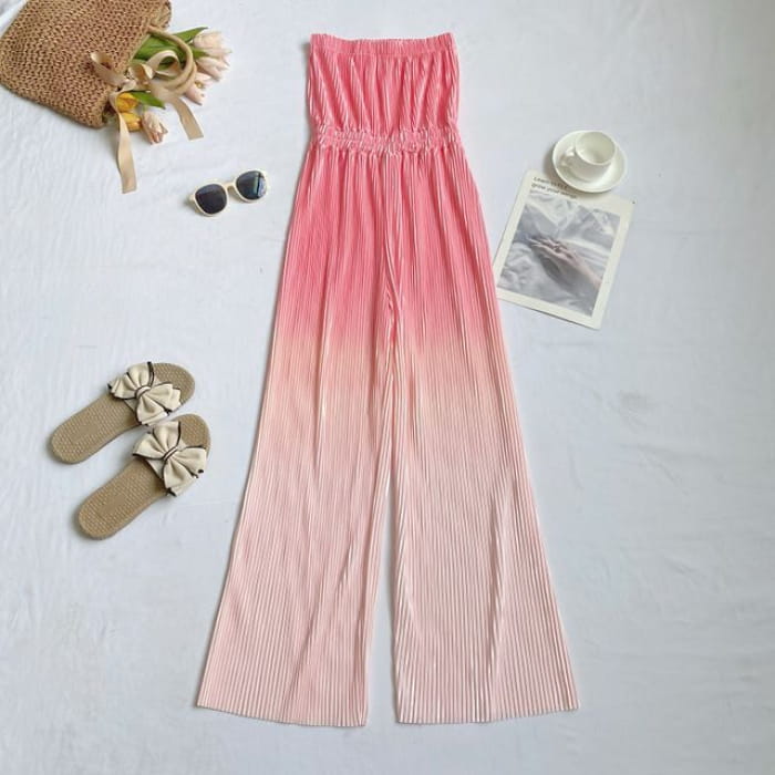 Strapless Gradient Ribbed Wide Leg Jumpsuit - Pink