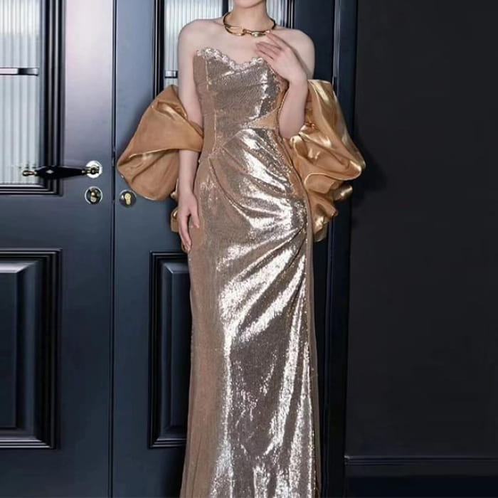 Strapless Sequin Sheath Evening Gown - Gold / XS