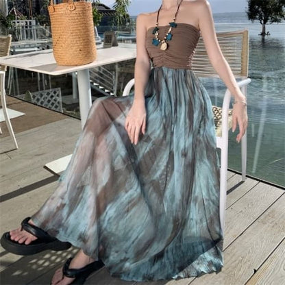 Strapless Tie-Dyed Paneled Midi Sundress - Clothing