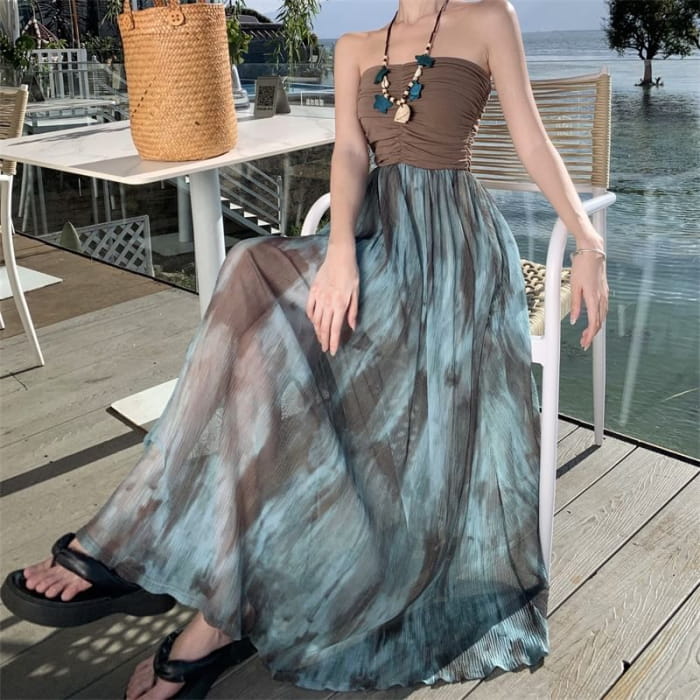 Strapless Tie-Dyed Paneled Midi Sundress - Clothing