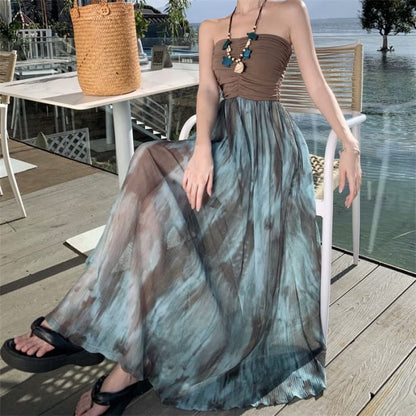 Strapless Tie-Dyed Paneled Midi Sundress - Clothing