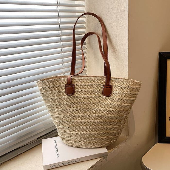 Straw Basket Shoulder Bag - Khaki / One Size