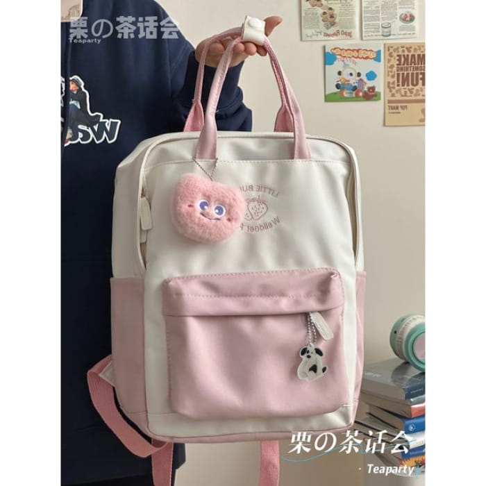 Strawberry Embroidered Two-Tone Backpack / Charm / Set