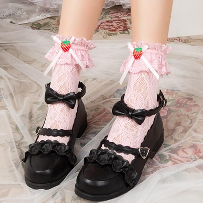 Strawberry Lace Bow Lolita Stockings