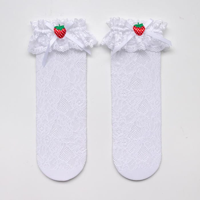 Strawberry Lace Bow Lolita Stockings - White（Short)