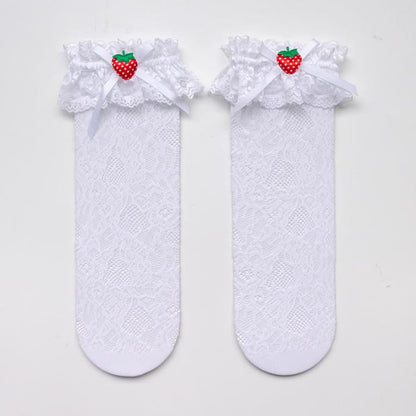 Strawberry Lace Bow Lolita Stockings - White（Short)