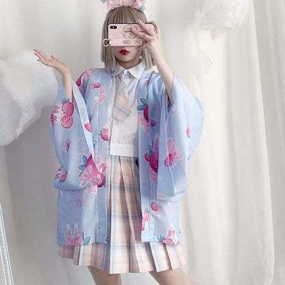 Strawberry Loose Cardigan Kimono Outerwear - Blue / One Size