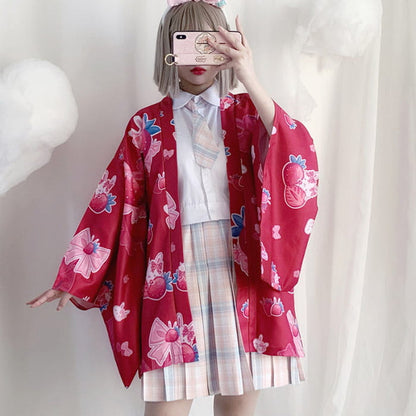 Strawberry Loose Cardigan Kimono Outerwear - Red / One Size