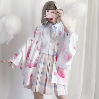 Strawberry Loose Cardigan Kimono Outerwear - White