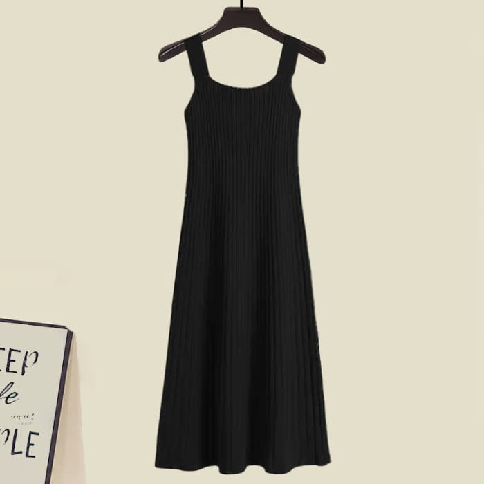 Stripe Colorblock Knit Sweater Slip Dress Set - Black / M