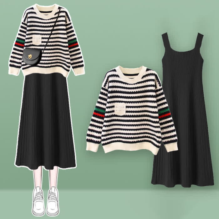 Stripe Colorblock Knit Sweater Slip Dress Set - Black