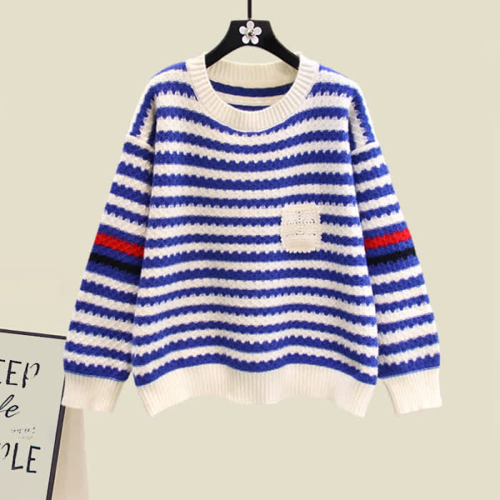 Stripe Colorblock Knit Sweater Slip Dress Set - Blue / M