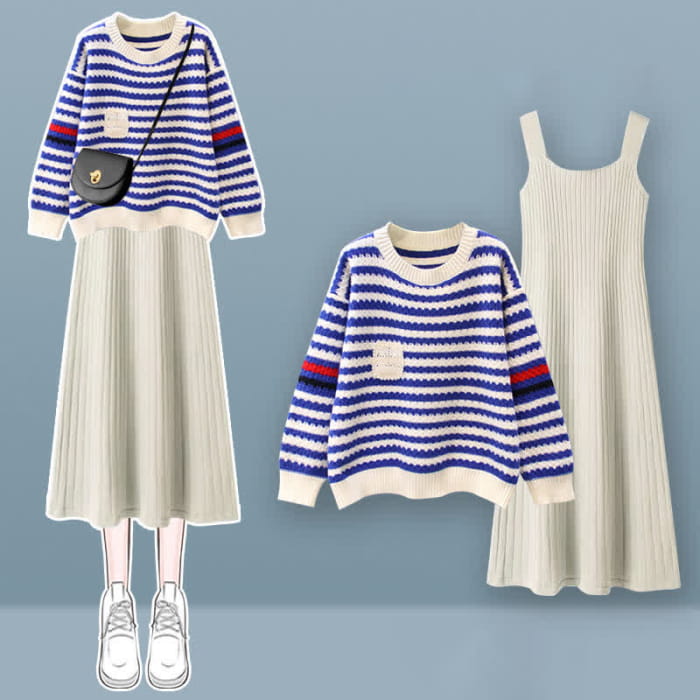 Stripe Colorblock Knit Sweater Slip Dress Set - Blue