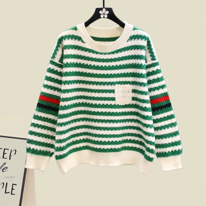 Stripe Colorblock Knit Sweater Slip Dress Set - Green / M