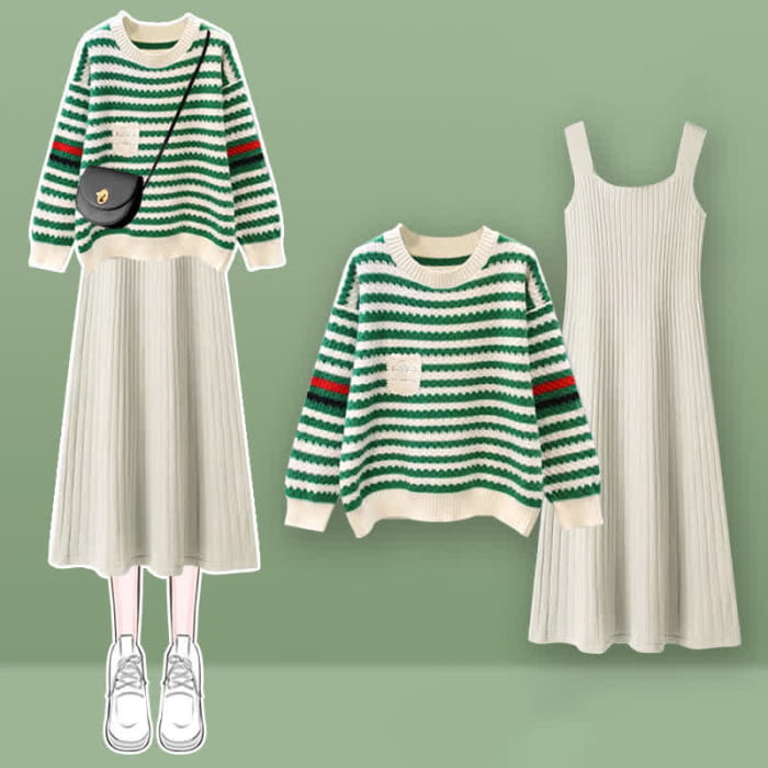 Stripe Colorblock Knit Sweater Slip Dress Set - Green
