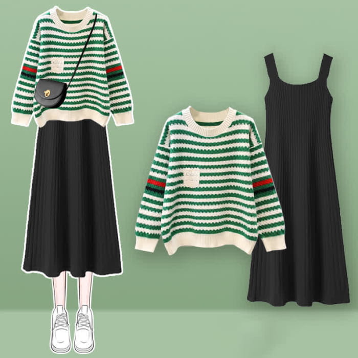 Stripe Colorblock Knit Sweater Slip Dress Set - Green