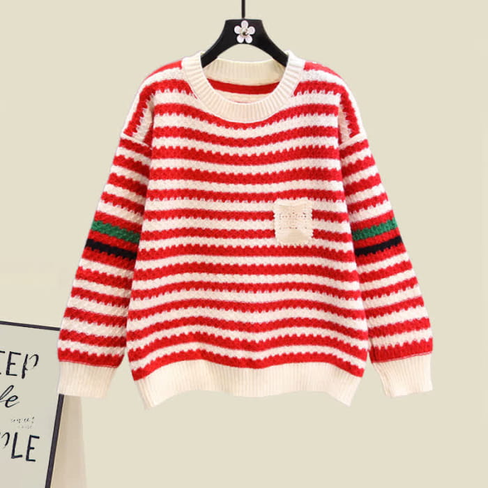 Stripe Colorblock Knit Sweater Slip Dress Set - Red / M