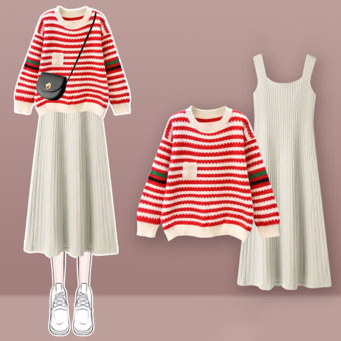 Stripe Colorblock Knit Sweater Slip Dress Set - Red Sweater