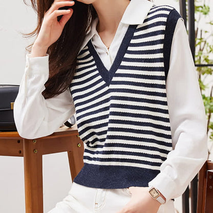 Stripe Fake Two Pieces Knit White Lapel Shirt