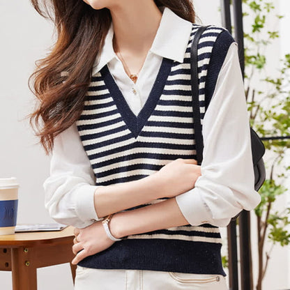 Stripe Fake Two Pieces Knit White Lapel Shirt