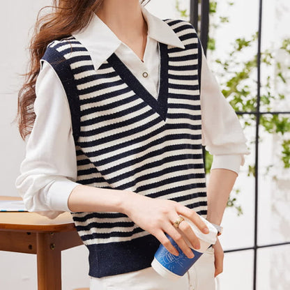 Stripe Fake Two Pieces Knit White Lapel Shirt - Blue / S