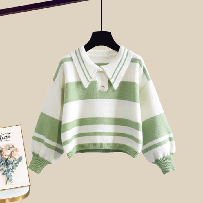 Stripe Green Colorblock Sweater Slip Dres Set