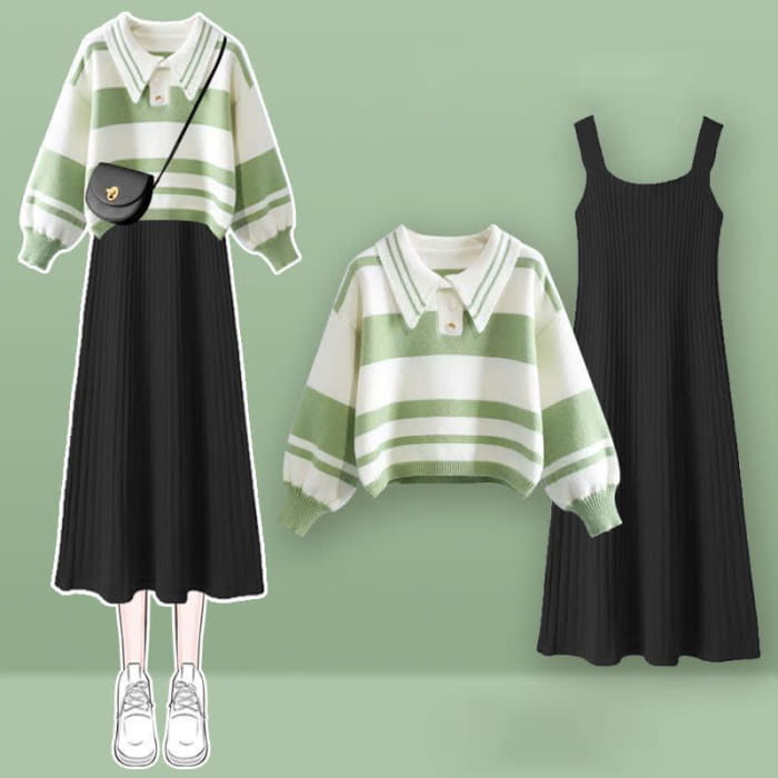 Stripe Green Colorblock Sweater Slip Dres Set