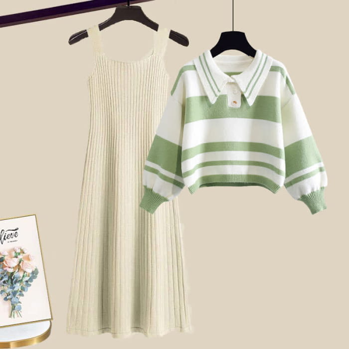 Stripe Green Colorblock Sweater Slip Dres Set - A / M