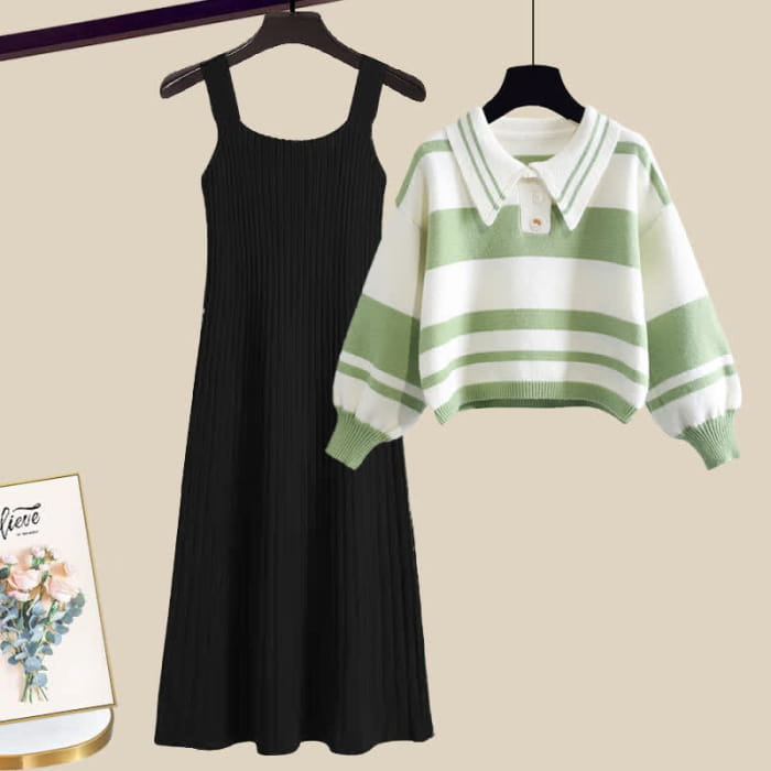 Stripe Green Colorblock Sweater Slip Dres Set - B / M