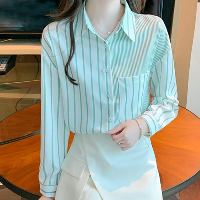 Stripe Green Long Sleeve Button Shirt