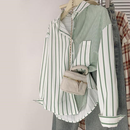 Stripe Green Long Sleeve Button Shirt - M