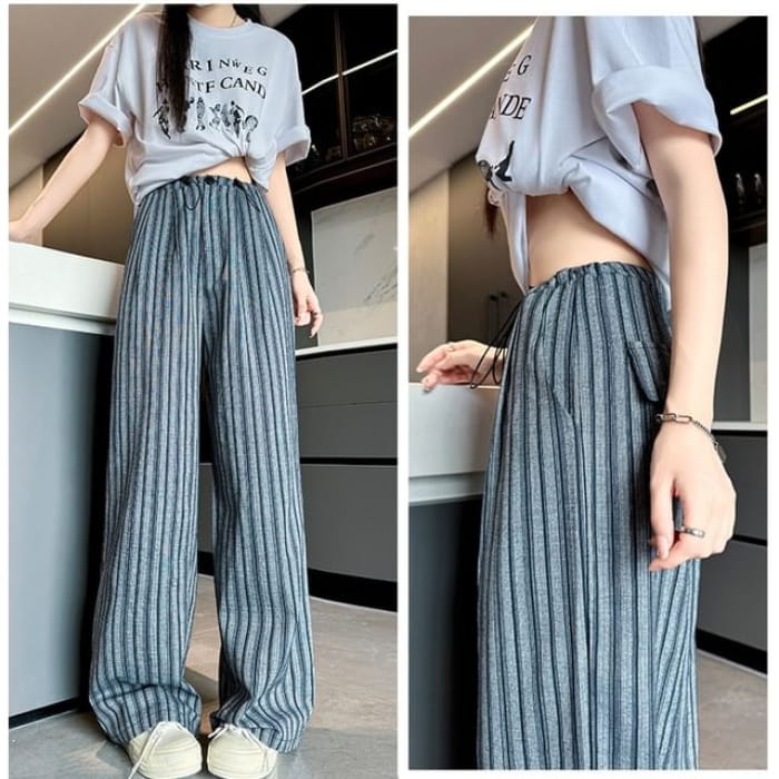 Stripe High Rise Drawstring Wide Leg Pants