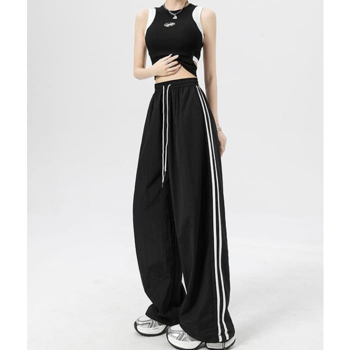 Stripe High Rise Drawstring Wide Leg Sweatpants