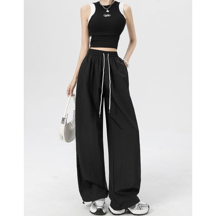 Stripe High Rise Drawstring Wide Leg Sweatpants