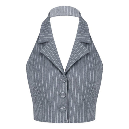 Stripe Lies Halter Tailored Vest - S / Grey - Tops