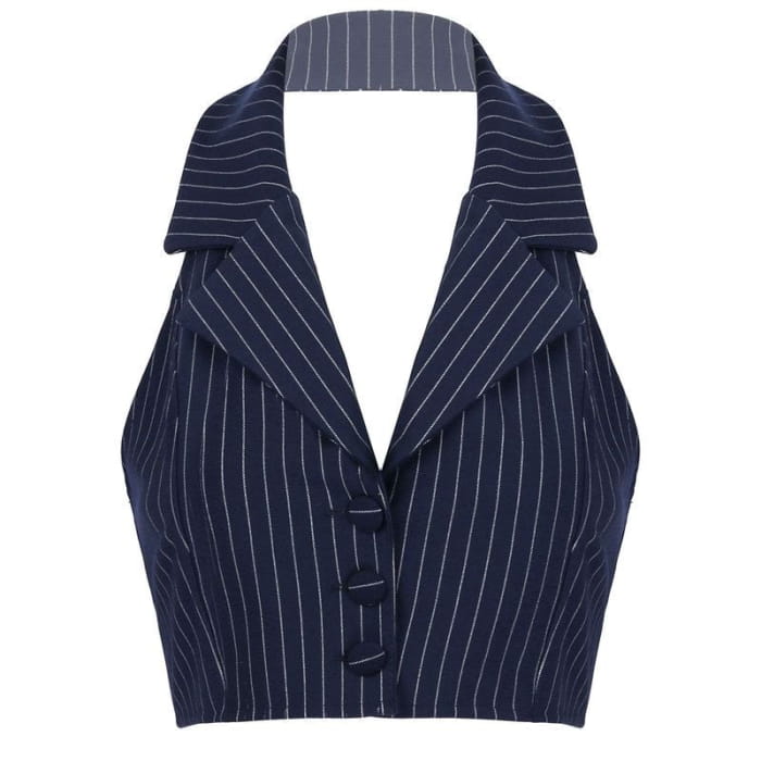 Stripe Lies Halter Tailored Vest - S / Navy Blue - Tops