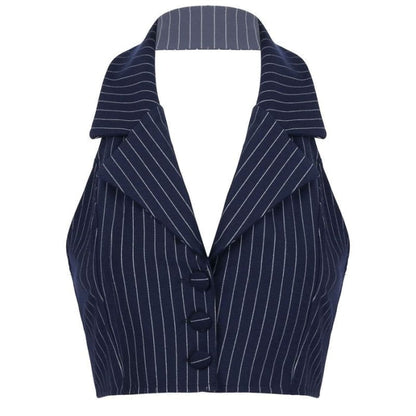 Stripe Lies Halter Tailored Vest - S / Navy Blue - Tops