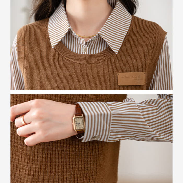 Stripe Print Knit Vest Lapel Shirt