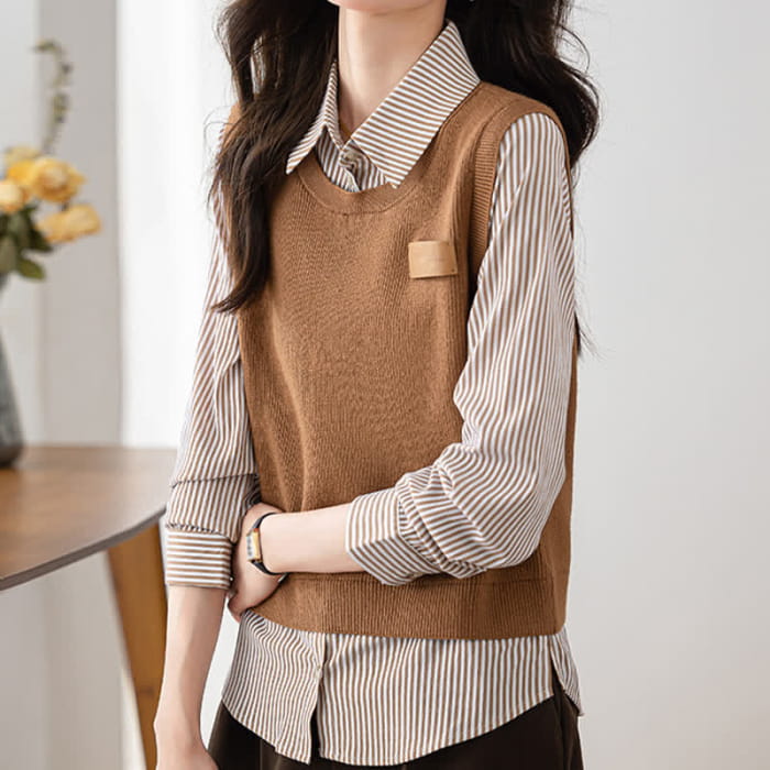 Stripe Print Knit Vest Lapel Shirt