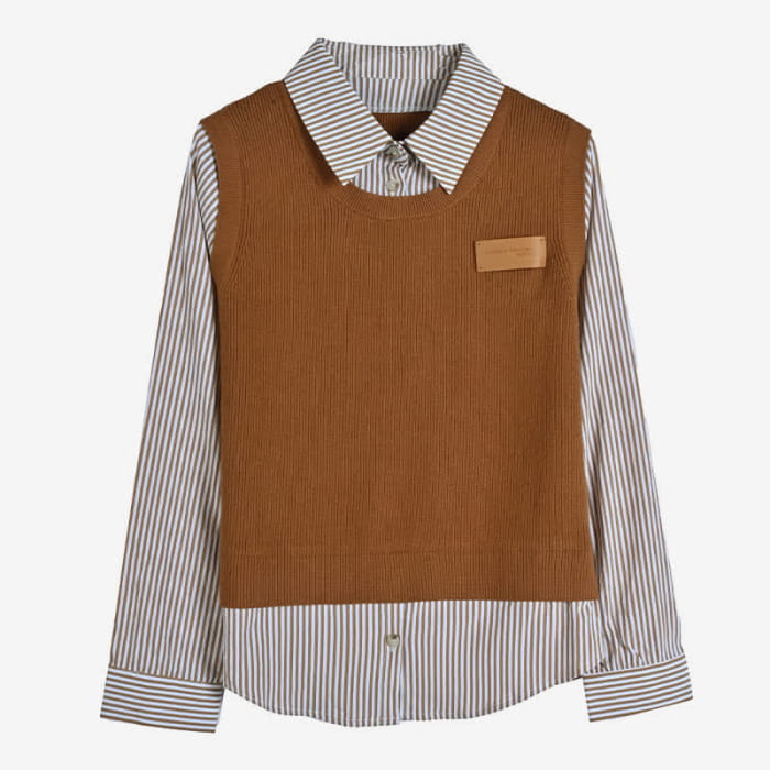 Stripe Print Knit Vest Lapel Shirt - Coffee / S