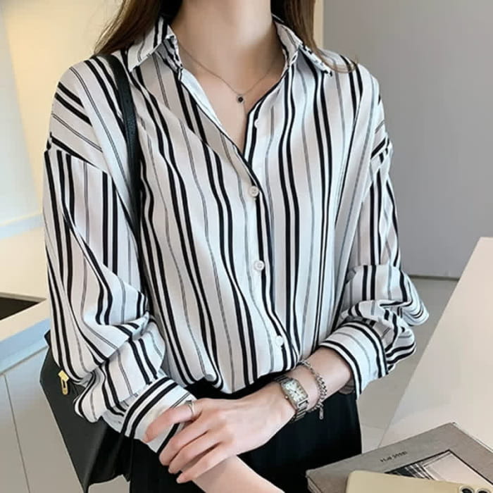Stripe Print Long Sleeve Chiffon Shirt Workwear